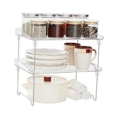 2 Pcs Cabinet Organizer Shelf，Stackable Kitchen Counter Shelves, 2 pack clear