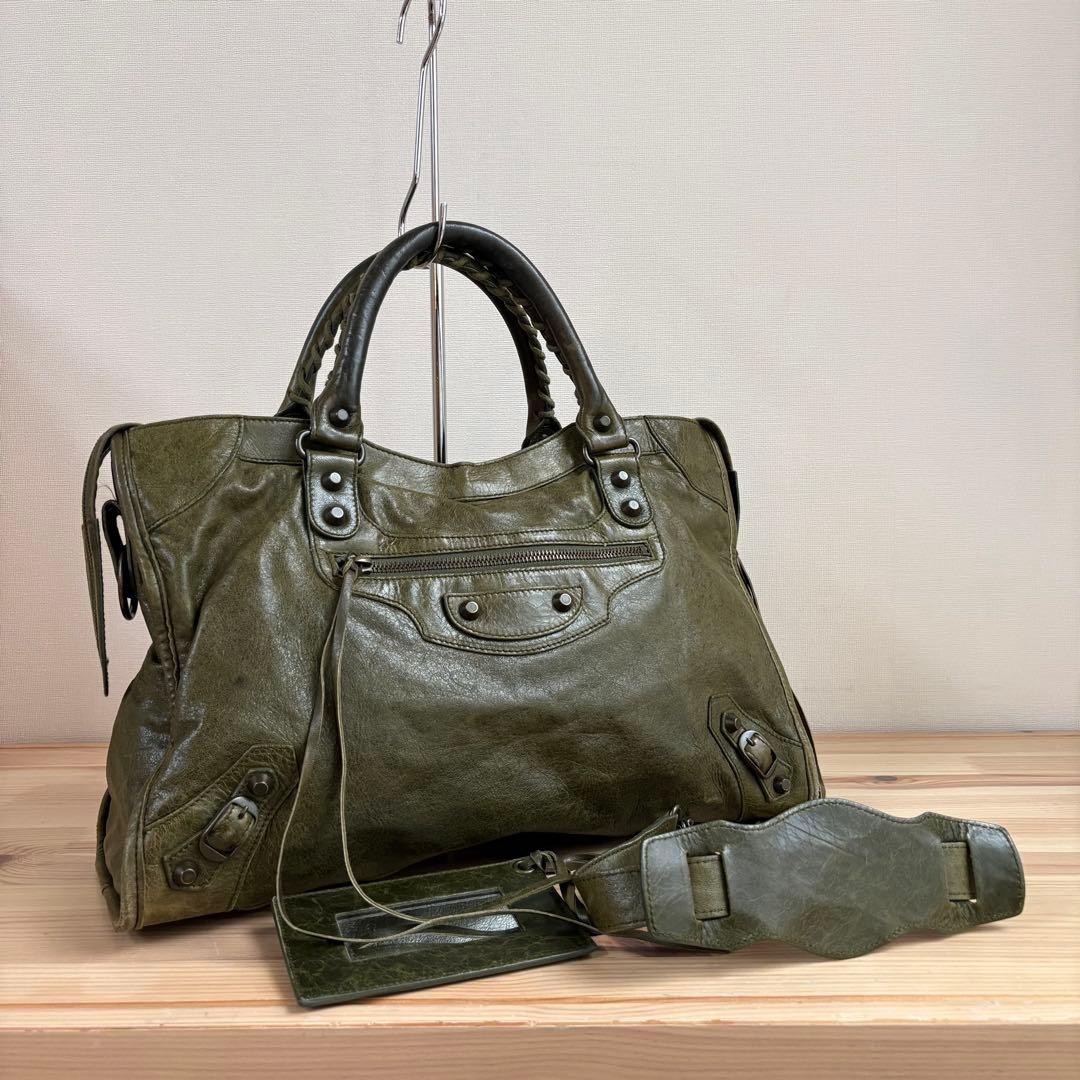 Auth BALENCIAGA The City Bag Olive Khaki Leather 2way Shoulder