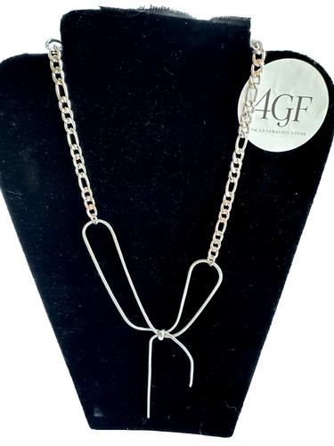 Stainless Steel Asymmetrical Bow Pendant Figaro Link Chain Statement Necklace