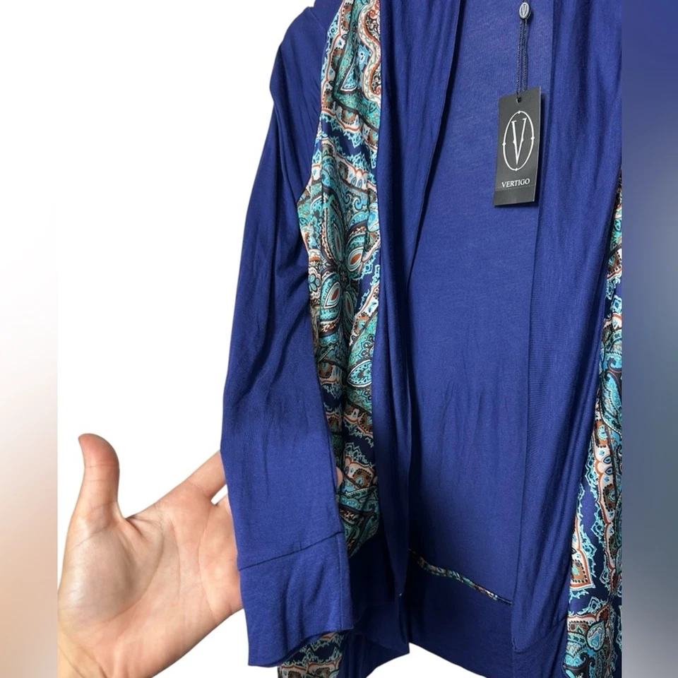 NWT Vertigo Women's Paisley Love/Royal Blue High/Low Cardigan Open Front $240 XS - Image 3 of 4