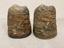 Vintage Chalkware Mountain Cabin Bookends Rustic Lodge Decor Pair