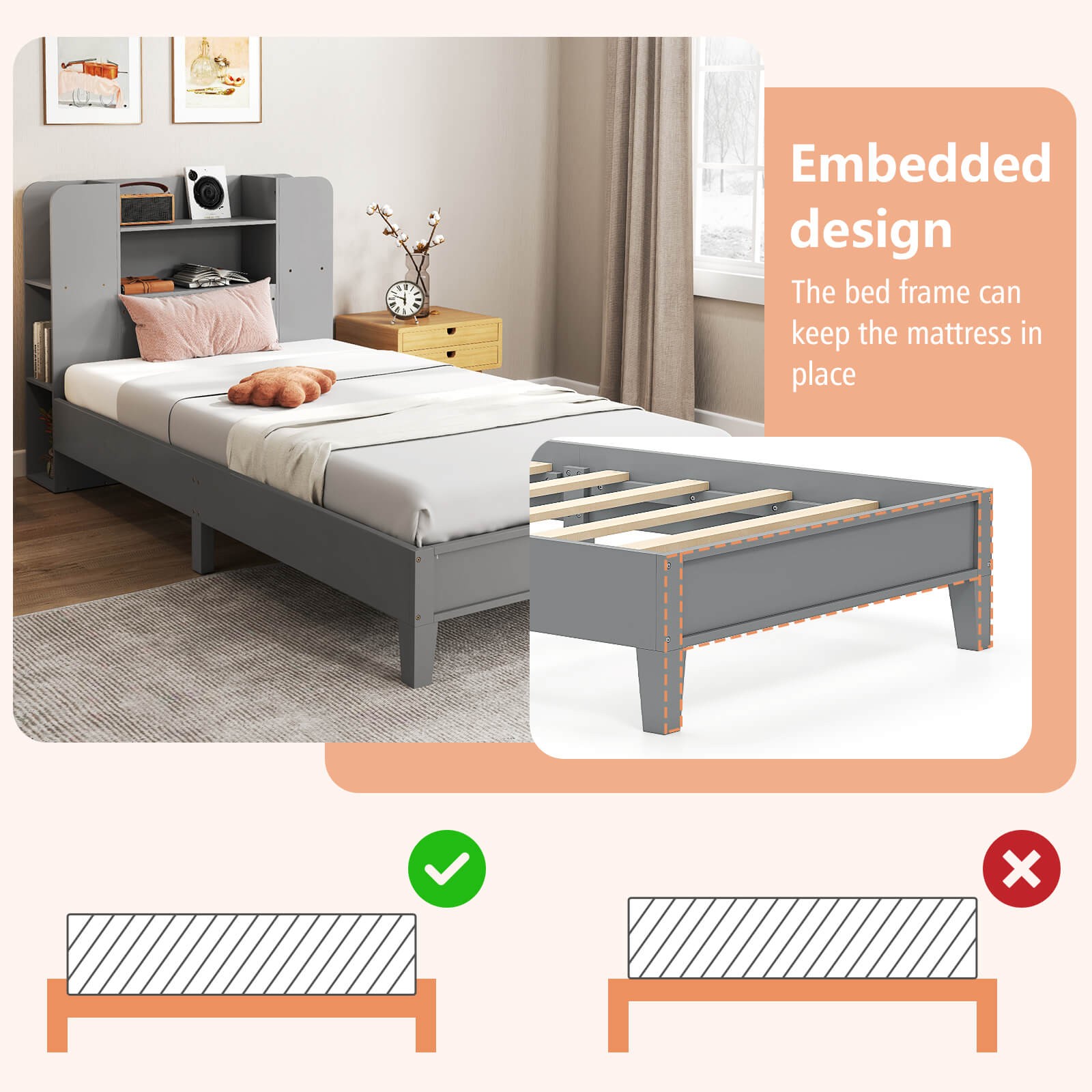 Twin Size Bed Frame Wooden Platform Bed Kids Bed Frame with Bookcase Headboard