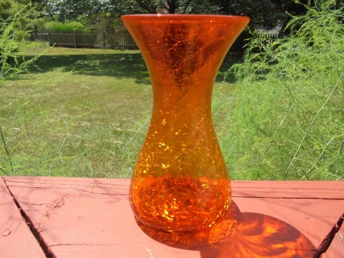 Vintage Blenko Tangerine Orange Crackle Glass Vase 7 1/8" Excellent