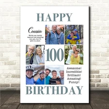 Photo Collage 100th Birthday Custom Gift For Cousin 6-Photo Print Or Canvas