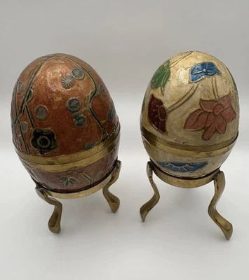 2 Vtg Hand Enameled Solid Brass Cloisonne Egg Trinkets w/ Stand Made in India - Image 1 of 4