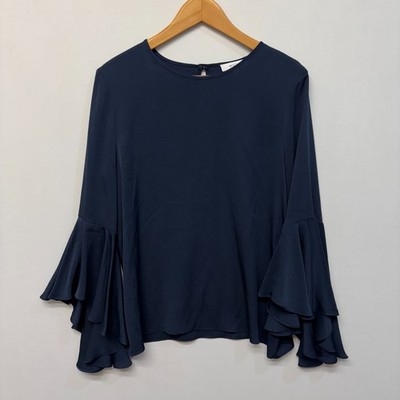 Milly Women Long Sleeve Silk Blouse Top Shirt Size 12 Blue C060 -20