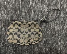 Coach Signature Pattern Small Wristlet Pouch Black/Beige Silver Zip Strap