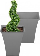 2 x Grey Large Plant Pots Indoor Outdoor Garden Tall Plastic Flower Planters