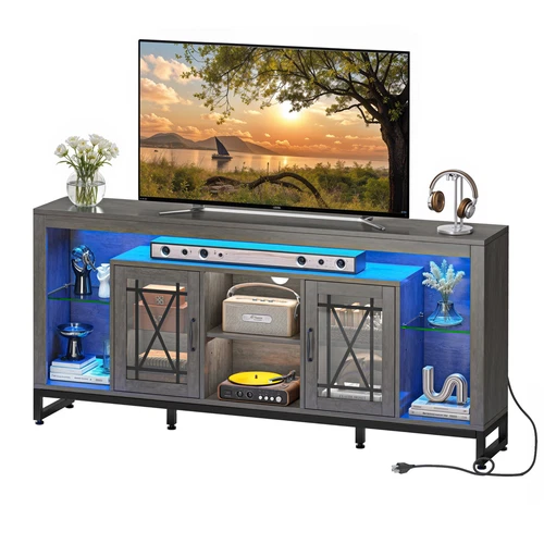 Soporte de TV de 33,5"" de alto para TV de 75" para sala de estar con luces LED y tomas de corriente - Imagen 6 de 11