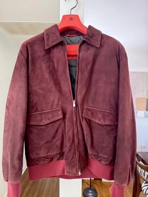 ISAIA Burgundy Down Lamb Suede Leather Bomber Jacket (50R  $4,150)