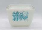 VTG Pyrex Turquoise Amish Butterprint 501 B 1 1/2 C Dish W/ Lid Rooster Corn USA