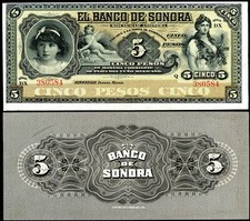 MEXICO BANCO DE SONORA P-S419r 5 PESOS GIRL CHERUB WARRIOR 100+ YEARS OLD AU+!