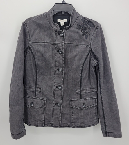 Coldwater Creek Jacket Womens 10 Faded Black Denim Embroidered Beaded Artsy - 第 1/9 張圖片