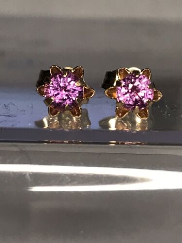 14K YG ROUND NATURAL PINK SAPPHIRE EARRINGS. 4MM. .75TCW.