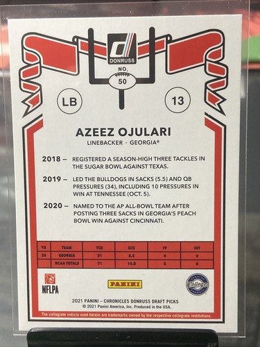 Azeez Ojulari Rookie Card 2021 Panini Chronicles Draft Picks Donruss #50 RC #13 - Picture 3 of 3