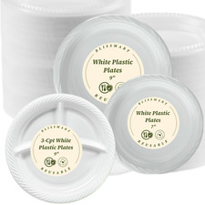 Disposable Plastic Plates White 7" 9" 3 Compartment Heavy Duty Plates Reusable