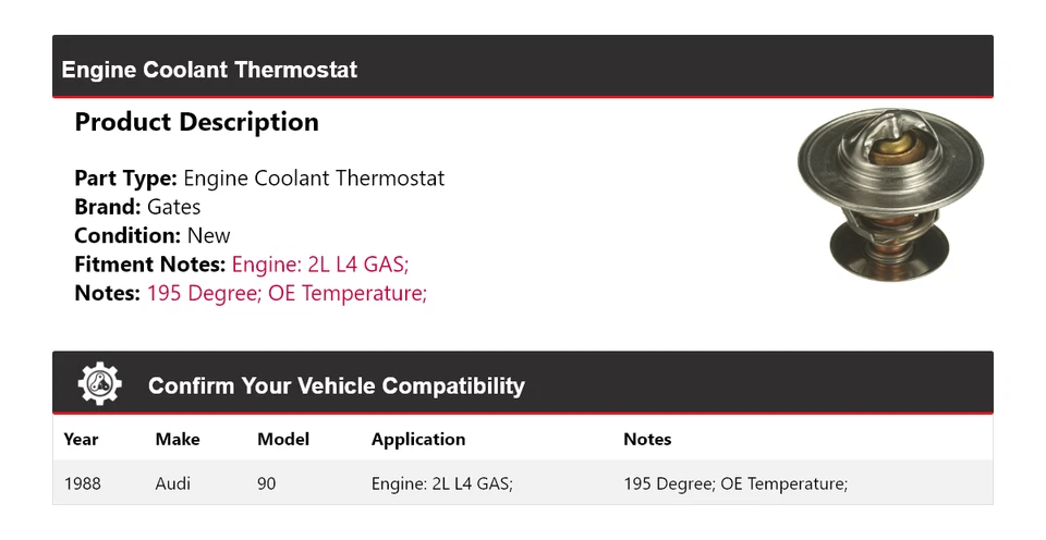 Ворота термостата охлаждающей жидкости для газового двигателя 1988 Audi 90 2 л L4 - Изображение 2 из 4
