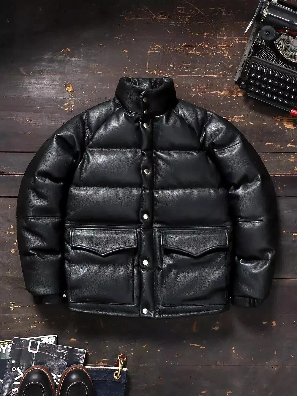 Men's Puffer Genuine Lambskin Leather Quilted Bomber Jacket - Black Colour