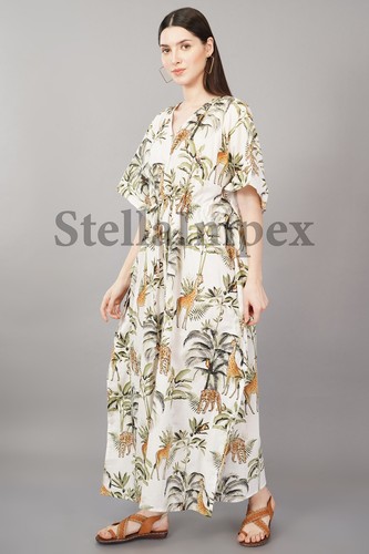 Trendy Handmade Cotton Kaftan Elegant White Leopard Print Long Caftan Beach Wear - Picture 4 of 6