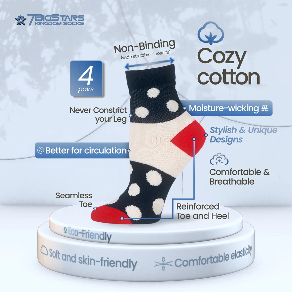 Women Cotton Diabetic Quarter Wide Socks-4 Pack Medium-Polka Dot Stripe-Blue Red - Image 2 of 4