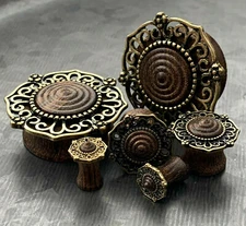 PAIR Antique Gold Plated Tribal Filigree Top Wood Plugs Tunnels Body Jewelry
