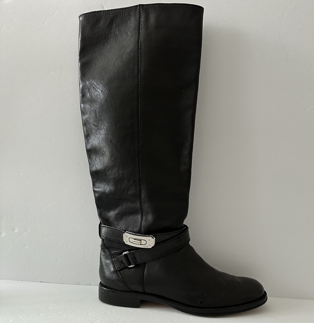 $398 COACH Christine Black Leather Tall boots silver turnlock