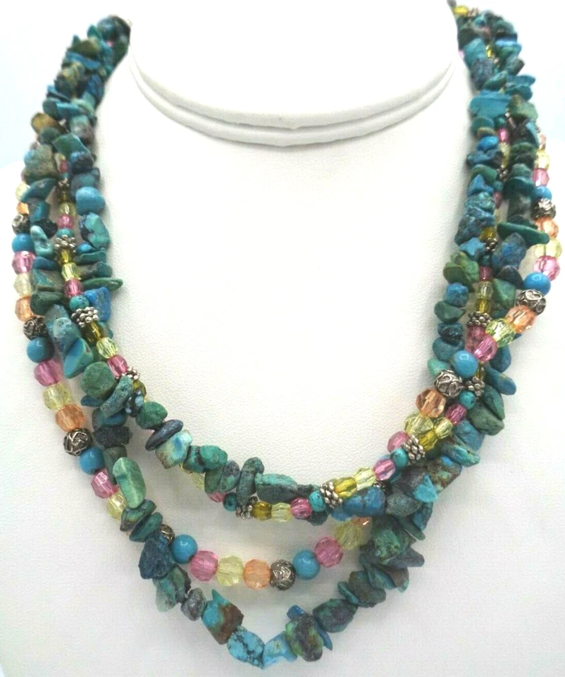 Beautiful Multi Strand Faux Turquoise Dyed Stone Glass Bead Layered Necklace 16" - Image 2 of 4