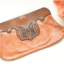 Vtg Navajo Leather Clutch W/ Turquoise Stones Brown Tan Leather Latigo Cowhide