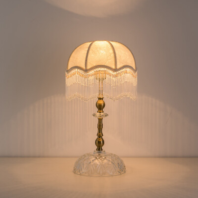 Vintage Indoor Table Lamp with Unique Beige Shade and Beaded Tassel