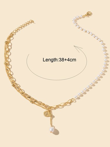 Retro Textured Jewelry Multiple Gold Pearl Chain Cion Charm Beads Charm Necklace - Picture 3 of 3