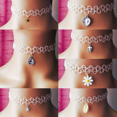Tattoo Choker Stretch Necklace White Collar Charm Retro Vintage