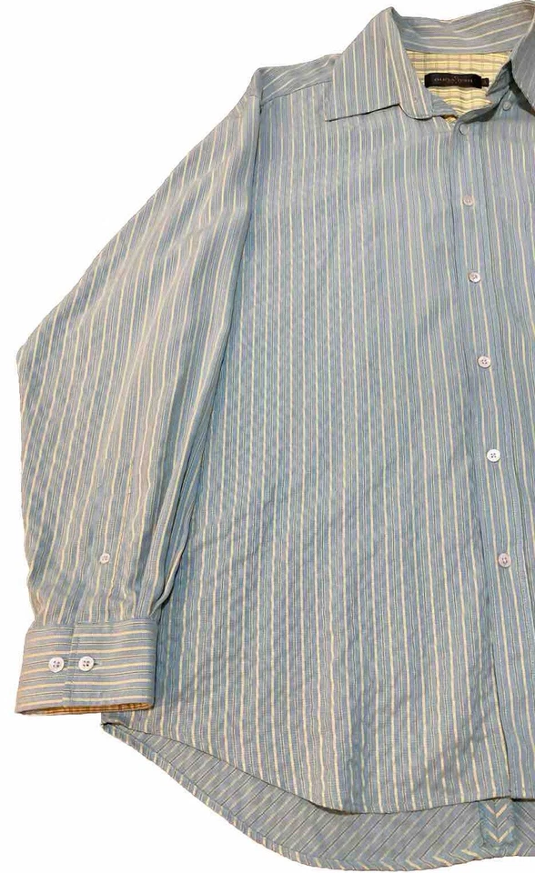 Camisa masculina BUGATCHI clássica listrada azul e amarela manga longa com botões grande - Imagem 3 de 4