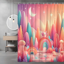 Pastel Fantasy Landscape Shower Curtain with Moon and Stars