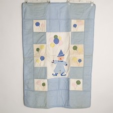 Vintage Baby Blanket Nursery Quilt Appliqued Clown Balloons Blue 33x48"