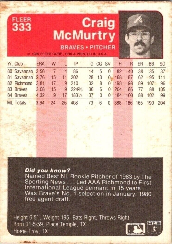 Craig McMurtry Atlanta Braves 333 Fleer Pitcher 1985 Baseball Card - Image 2 of 2