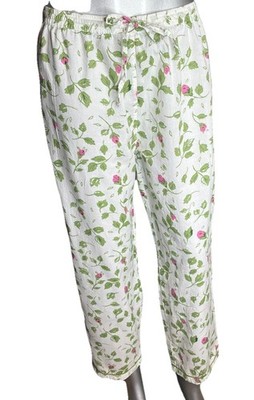 La Cera Pajama Set Womens S Floral Cotton White Green Pink Button Top Pants PJs