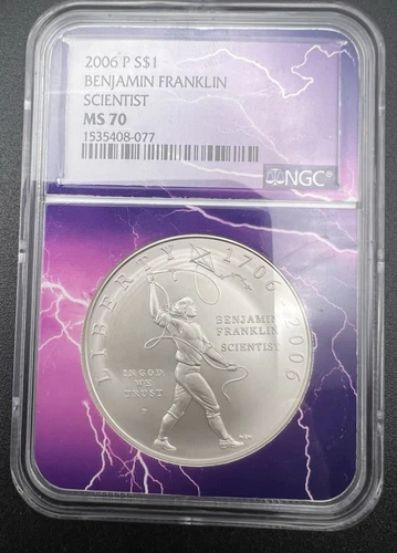 2006 P Ben Franklin Scientist Commemorative Silver Dollar NGC MS70 Lightning