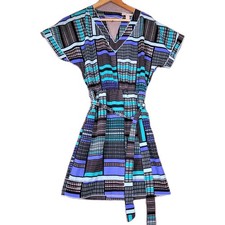 BANANA REPUBLIC Dress Women's 4 Blue Grid Geometric Print Pockets Casual  Belted