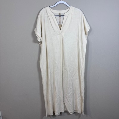 Soyaconcept Ina Dress Cream Linen Blend V-Neck Kaftan Boho Beach Midi XL NWT