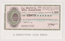 Miniassegni  BANCA del SALENTO - 100 lire  06.12.76  Rif. BDS 2