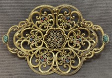 Wainberg Jerusalem Eilat Natural Gem Stone Gold Tone Brass Fruit Tray Bowl VTG