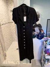 Quince Womens Dress Black 100% Linen Short Sleeve Button Down No Belt Large