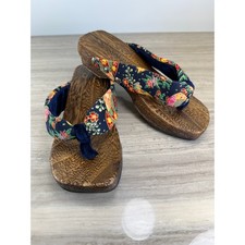 Unbranded 6 Geta Sandals Wooden Platform Floral Fabric Thong Brown Traditional