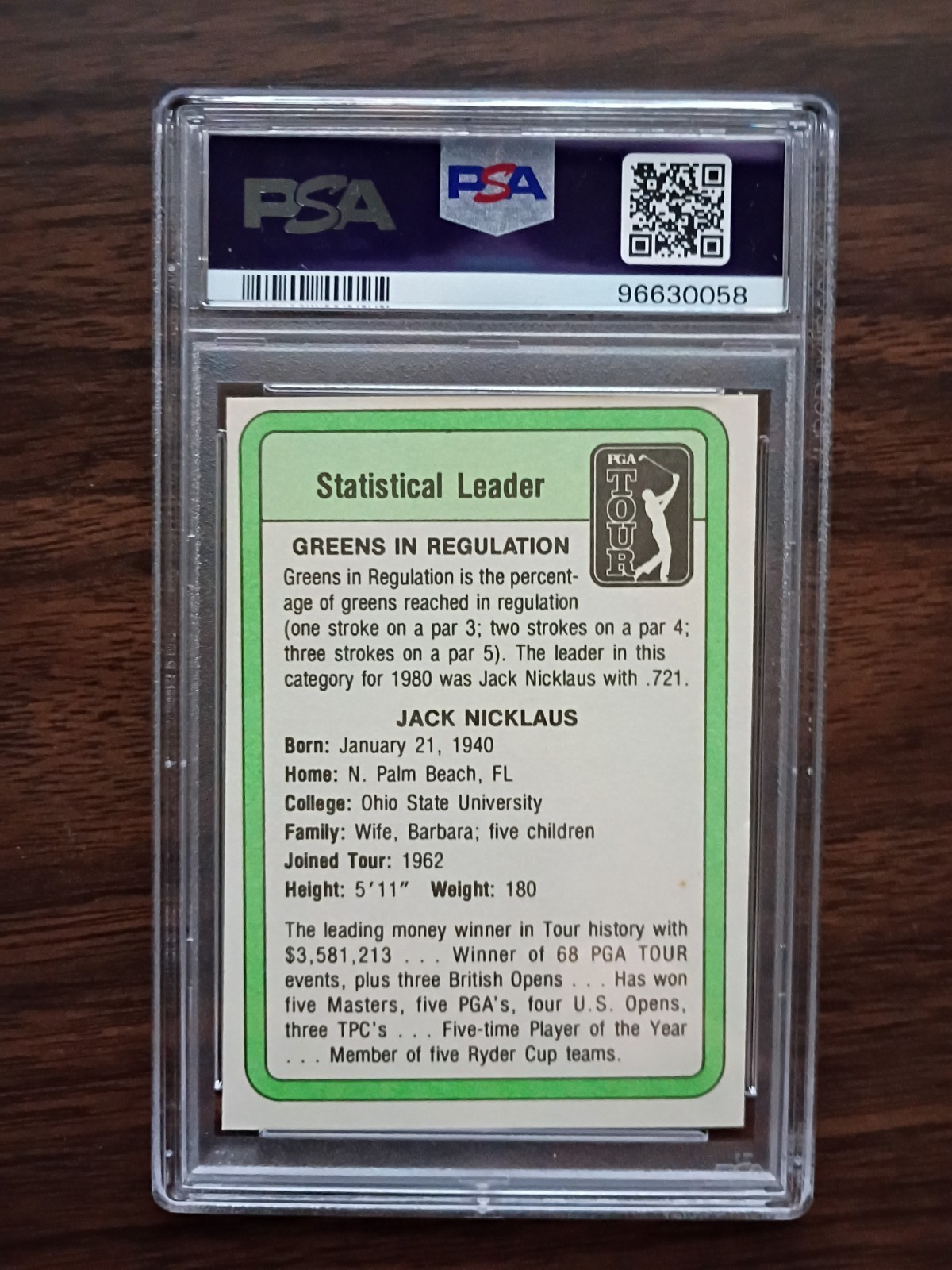 1981 Donruss Golf Stars Statistical Leader Jack Nicklaus (RC) PSA 7 view 3