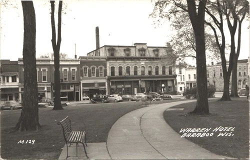 WARREN HOTEL baraboo wi c1950 postcard wisconsin real photo rppc downtown street