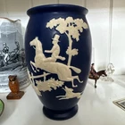 Large Weller Pottery Blue Chase Line Vase White Horse Rider and Dogs on Hunt 7.5