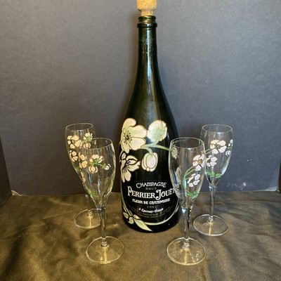 1.5L 1995 Perrier Jouet Brut Fleur de Champagne Empty Bottle W/ 4 Glasses