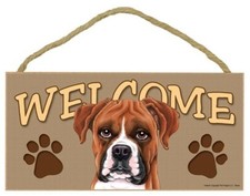BOXER UnCropped Ears Dog 5 x 10 Wood WELCOME SIGN Plaque USA Made