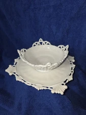 Beautiful Milk Glass Compote Plate And Bowl, Maker Unknown