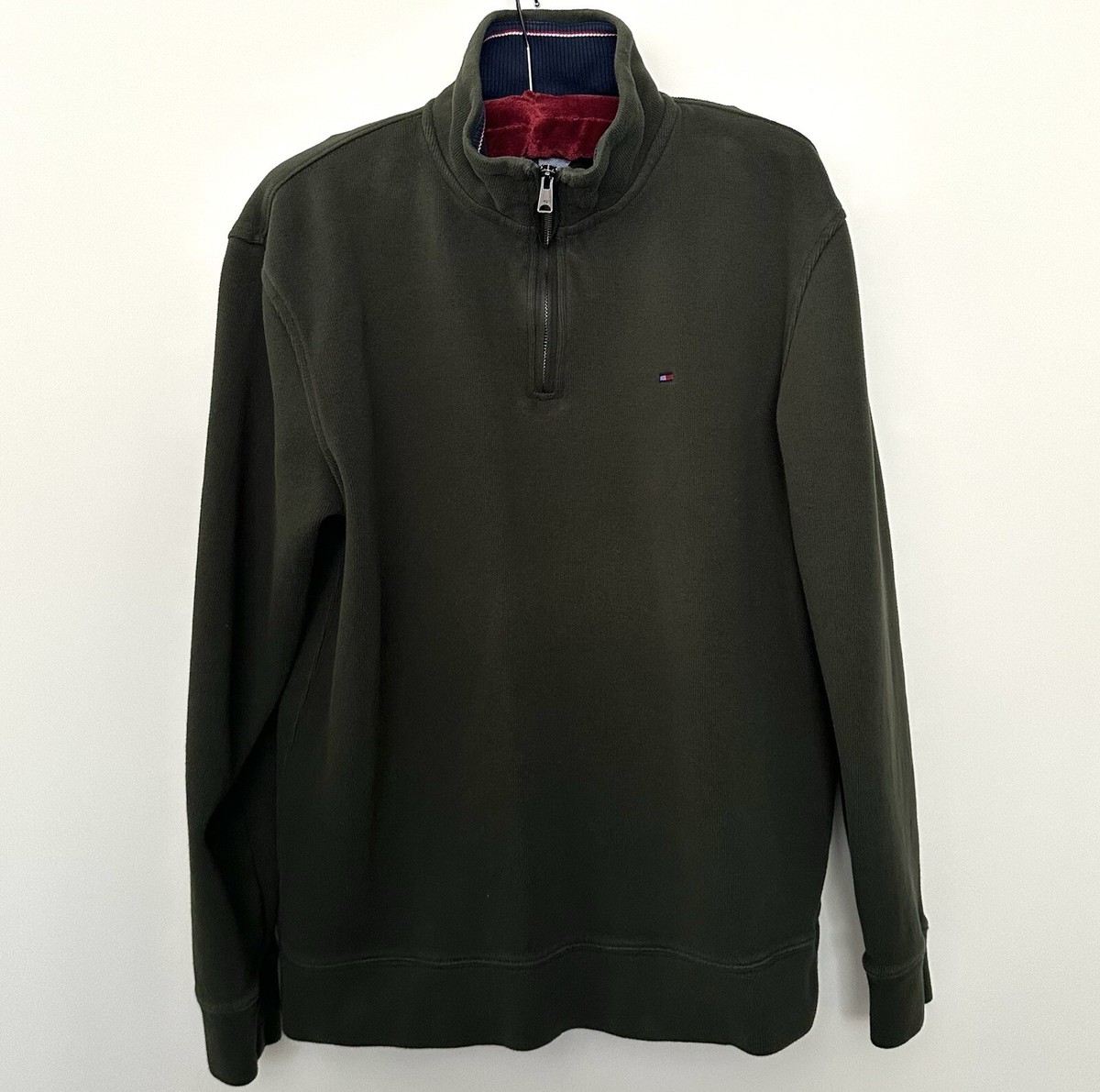 Tommy Hilfiger Men's 1/4 Zip Jacket Dark Green Knit Stretch 100% Cotton  Size L